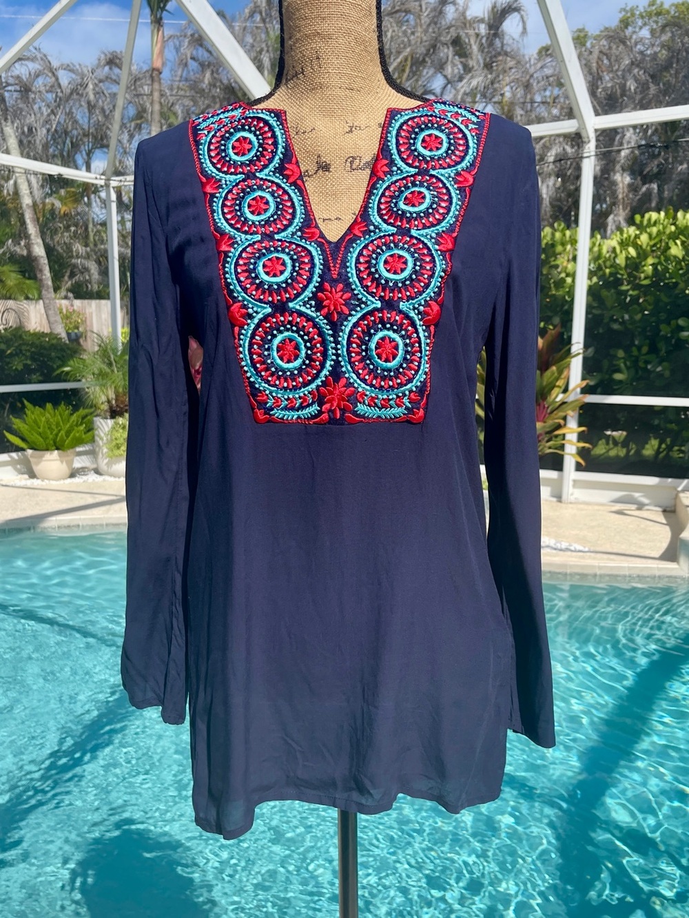 OndadeMar Navy Tunic - Red & Turquoise Embroidery - Size M